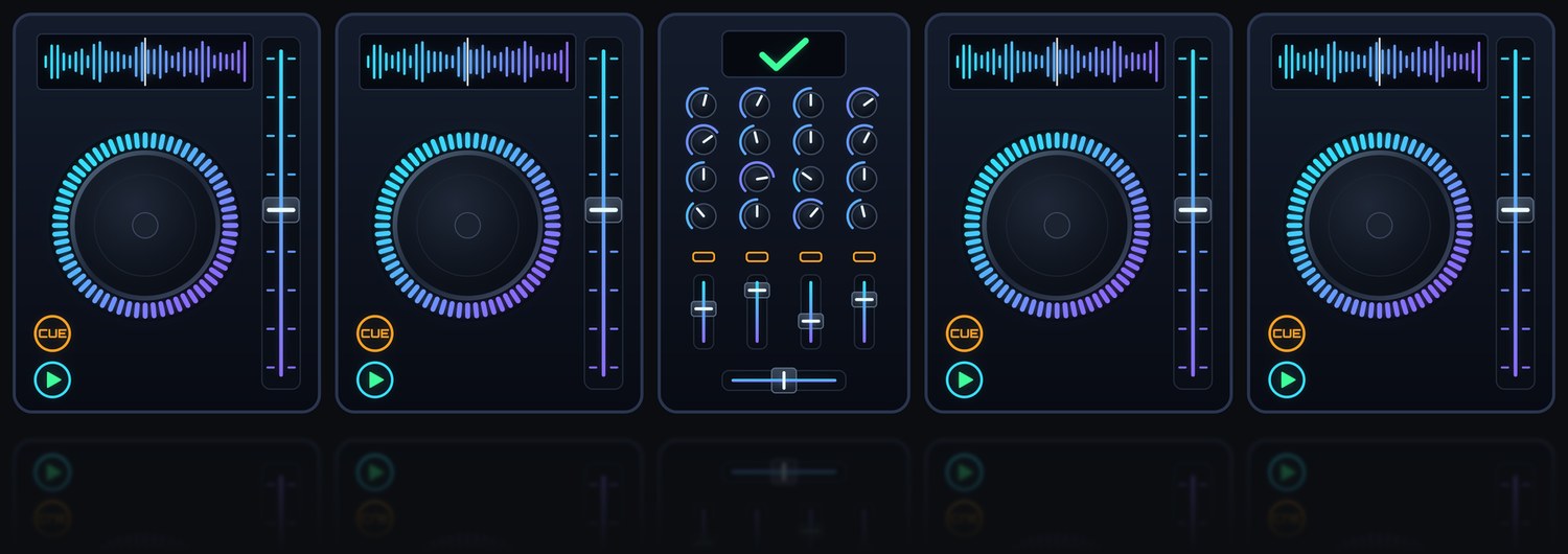 Illustration of a DJ booth: four players and a mixer